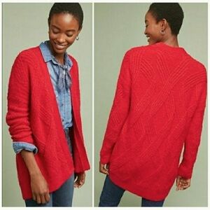 MOTH Anthropologie red cableknit open cardigan alpaca merino wool sweater